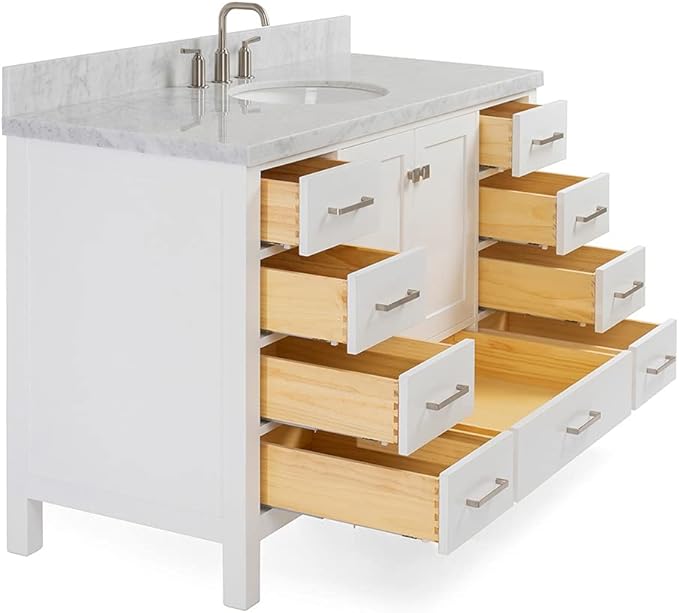 ARIEL Cambridge 54-inch Bathroom Vanity with Sink,Solid Wood, 1.5-inch Italian Carrara Marble Countertop & Backsplash, Single Oval Porcelain Sink, 2 Soft Closing Doors, 9 Dovetail Drawers, White