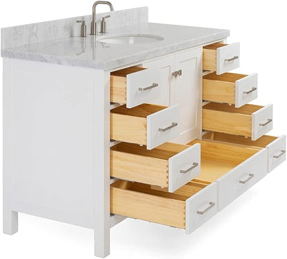 ARIEL Cambridge 54-inch Bathroom Vanity with Sink,Solid Wood, 1.5-inch Italian Carrara Marble Countertop & Backsplash, Single Oval Porcelain Sink, 2 Soft Closing Doors, 9 Dovetail Drawers, White