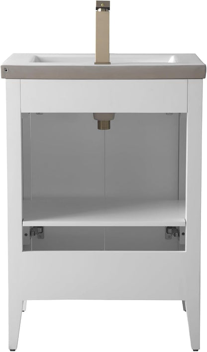 HOMEBEYOND 24" Bathroom Vanity with Ceramic Sink, Solid Wood Free-Standing Vanities Cabinet, Ceramic Top, Golden Brushed Handware & Soft Closing Door, White