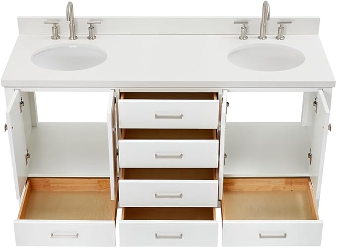ARIEL Cambridge 66-inch Bathroom Vanity with Sink,Solid Wood, 1.5-inch Pure White Quartz Countertop & Backsplash, Double Oval Porcelain Sink, 4 Soft Closing Doors, 6 Dovetail Drawers, White