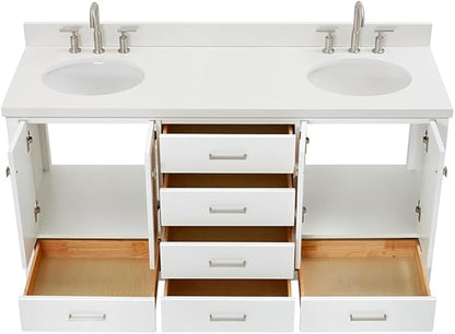 ARIEL Cambridge 66-inch Bathroom Vanity with Sink,Solid Wood, 1.5-inch Pure White Quartz Countertop & Backsplash, Double Oval Porcelain Sink, 4 Soft Closing Doors, 6 Dovetail Drawers, White