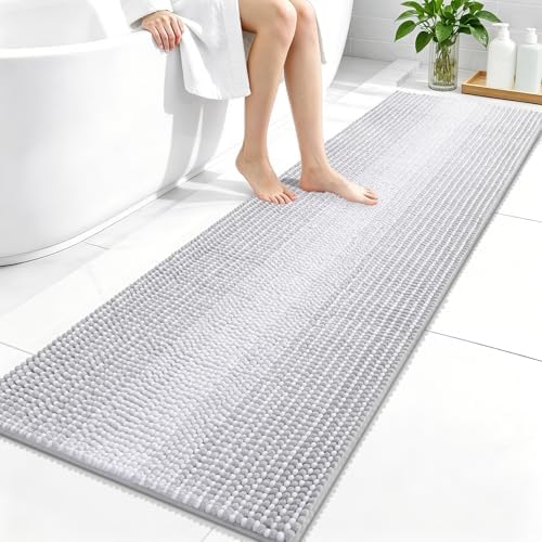 OLANLY Bathroom Runner Rugs 59x20, Chenille Striped Bath Rugs, Light Grey