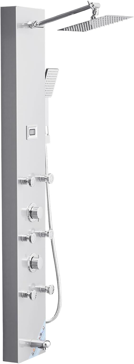 VEVOR Shower Panel Tower System with Rainfall Shower Head, LED, 49 in Brushed Stainless Steel Shower Column, 4-Function Faucet, Wall-Mount Rain Massage System with 6 Body Jets, Handheld, and Tub Spout