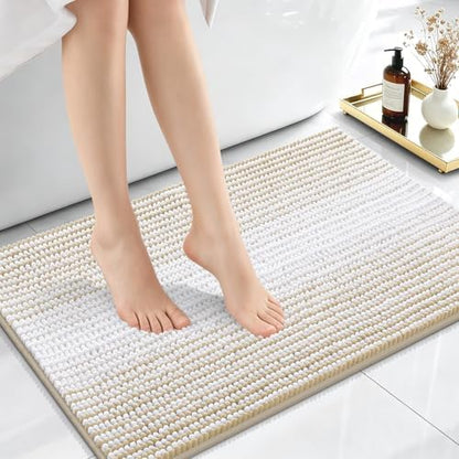 OLANLY Small Bathroom Rugs 24x16, Soft Chenille Striped Bath Rugs, Beige