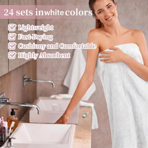 24 Pcs Towels Set 6 Bath Sheets 6 Washcloths and 12 Hand Towels, Reusable Absorbent Quick Dry Coral Velvet Towel for Shower Bath Spa Hotel Bathroom Supplies (White)