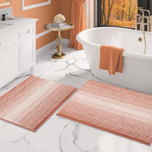 BSICPRO Bathroom Rugs Sets 2 Piece, Non Slip Striped Bath Mat, Light Orange