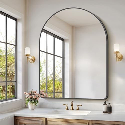 GLASHOM Arched Bathroom Mirror, 36"x48" Black Arched Mirror for Bathroom, Wall Mounted Mirror, Black Vanity Wall Mirror w/Metal Frame for Bedroom, Entryway, Living Room, Vertically Hanging