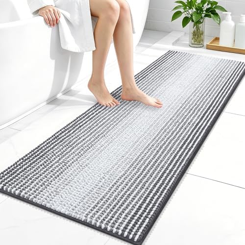 OLANLY Bathroom Runner Rugs 47x20, Soft Chenille Striped Bath Rugs, Grey