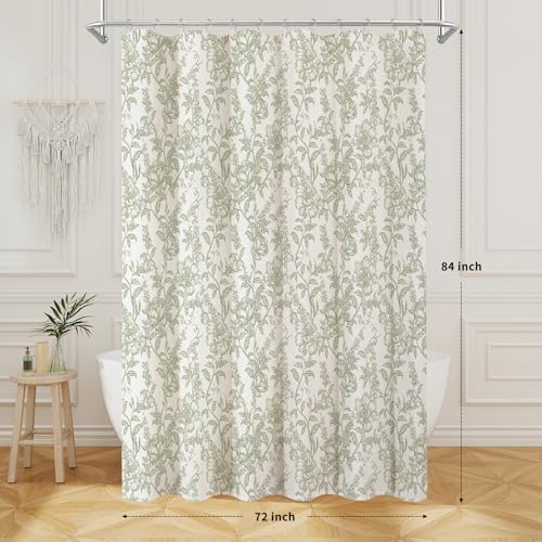 Sage Boho Linen Fabric Shower Curtain , Farmhouse Floral For Bathroom