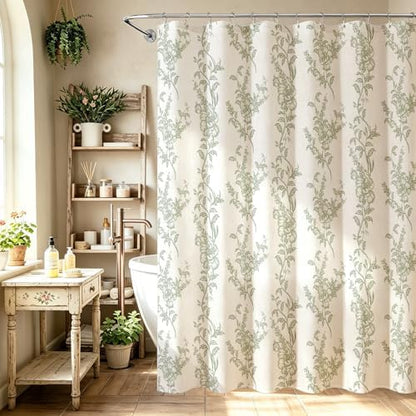 Sage Linen Farmhouse Shower Curtain, Boho Floral Bathroom 72x78