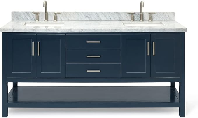 ARIEL Magnolia 72-inch Bathroom Vanity with Sink,Solid Wood, 1.5-inch Italian Carrara Marble Countertop, Double Rectangular Porcelain Sink, 4 Soft Closing Doors, 3 Dovetail Drawers, Midnight Blue