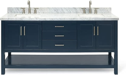 ARIEL Magnolia 72-inch Bathroom Vanity with Sink,Solid Wood, 1.5-inch Italian Carrara Marble Countertop, Double Rectangular Porcelain Sink, 4 Soft Closing Doors, 3 Dovetail Drawers, Midnight Blue
