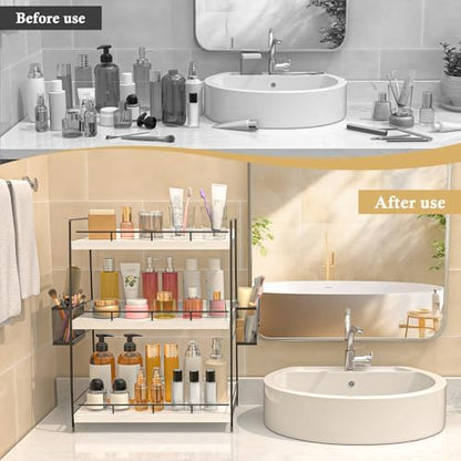 Wood Bathroom Counter Organizer with Metal Frame for Vanity Storage ,White