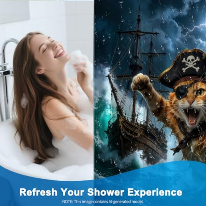 Ocean Pirate Cat Waterproof Nautical Bathroom Shower Curtain Set with Hooks