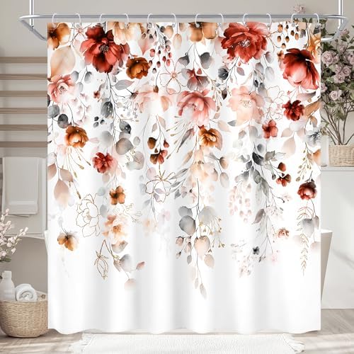 Autumn Fall Floral Red Burgundy Brown Bathroom Shower Curtain Set