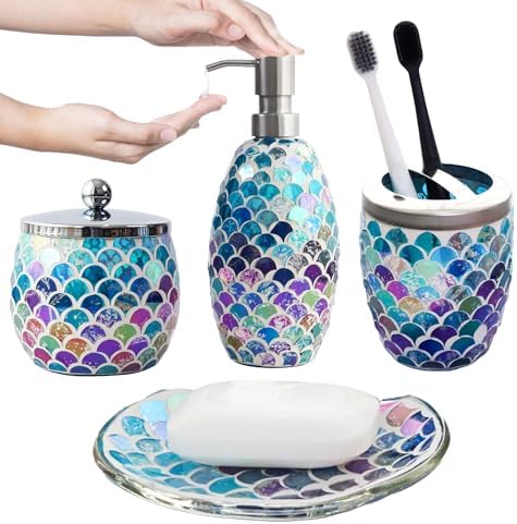 Escenzy Mermaid Bathroom Accessories Set 4 Pcs | Handcrafted Mosaic Glass Soap Dispenser, Toothbrush Holder, Cotton Jar, Soap Tray | Luxury Mermaid Bathroom Decor | Coastal Boho Gift