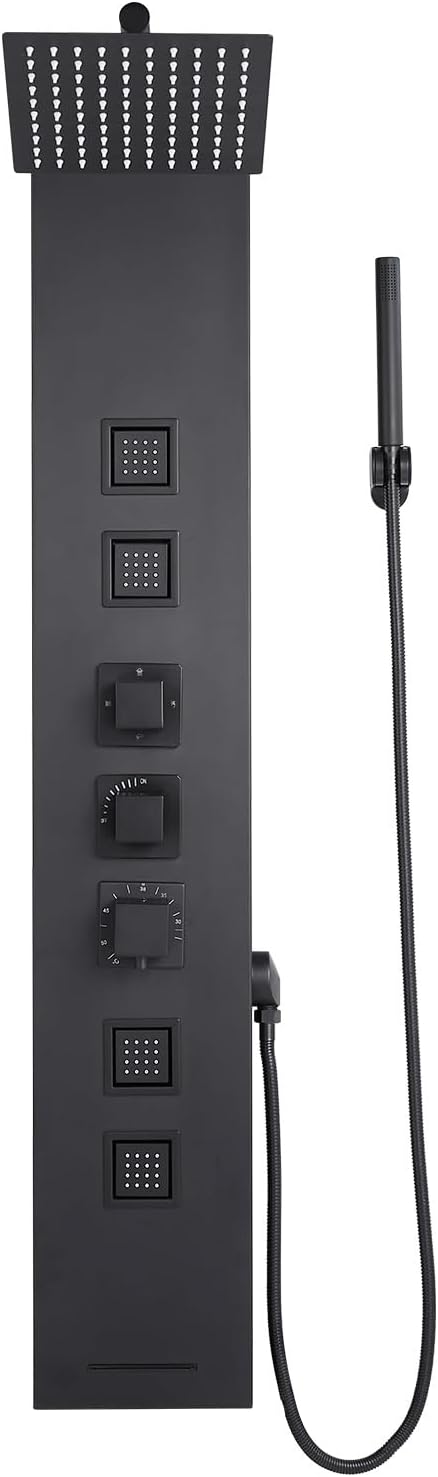 VEVOR Shower Panel Tower System with Rainfall Shower Head, 49 in Brushed Stainless Steel Shower Column, 4-Function Faucet, Wall-Mount Rain Massage System, with 4 Body Jets, Handheld, and Tub Spout