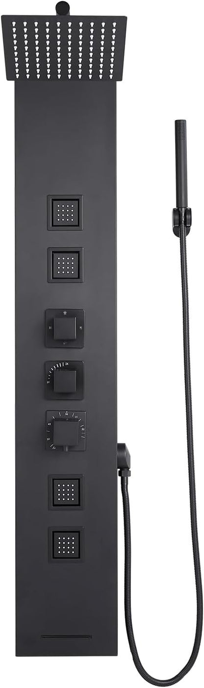 VEVOR Shower Panel Tower System with Rainfall Shower Head, 49 in Brushed Stainless Steel Shower Column, 4-Function Faucet, Wall-Mount Rain Massage System, with 4 Body Jets, Handheld, and Tub Spout