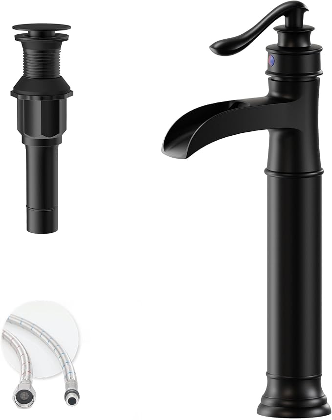 Matte Black Vessel Sink Faucet Tall Brass Waterfall Faucet for Vessel Sink | Bathroom Faucets Farmhouse Single Hole Single Handle Vanity Lavatory Without Overflow Pop Up Drain for Washroom by BATHLAVISH