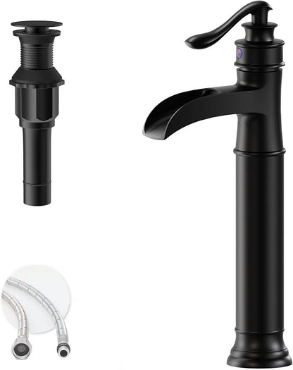 Matte Black Vessel Sink Faucet Tall Brass Waterfall Faucet for Vessel Sink | Bathroom Faucets Farmhouse Single Hole Single Handle Vanity Lavatory Without Overflow Pop Up Drain for Washroom by BATHLAVISH