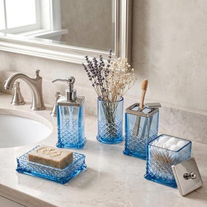 JKE Bathroom Accessories Set, 5-Pack Vintage Thick Glass Soap Dispenser and Toothbrush Holder Set for Bathroom Counter, Blue