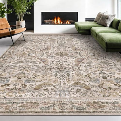 Moss Washable Living Room Rug, 7x10 Floral Area Rug for Dining Room, Boho Farmhouse Soft Bedroom Carpet, Low Pile Moss Home Décor, Non Slip & Stain Resistant
