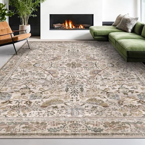 Floral 9x12 Large Area Rug for Living Room - Floral & Bird Soft Rugs for Bedroom,Non Slip Washable Carpet for Dining Room Under Table, Vintage Brown Taupe Indoor Décor, Low Pile Stain Resistant