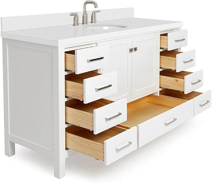 ARIEL Cambridge 60-inch Bathroom Vanity with Sink,Solid Wood, 1.5-inch Pure White Quartz Countertop & Backsplash, Single Oval Porcelain Sink, 2 Soft Closing Doors, 9 Dovetail Drawers, White