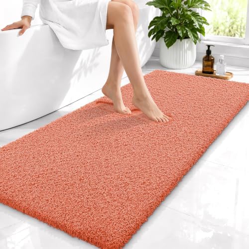 OLANLY Microfiber Bathroom Runner Rugs 47x24, Ultra Soft Bath Mat, Coral