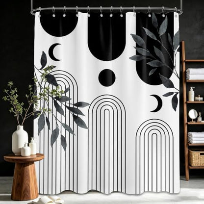 Mid Century Modern White and Black Shower Curtain Bohemian MCM Black and White Shower Curtains for Mens Bathroom Decor, Boho Minimalist Pattern, Waterproof Cloth Fabric with Hooks 70x84 in