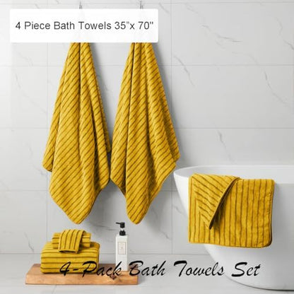 4 Pcs Yellow Cabana Stripe Large Bath Sheets Soft Polyester Bathroom Towels