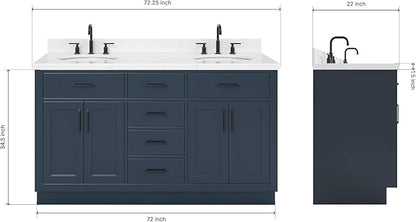 ARIEL Hepburn 72-inch Bathroom Vanity with Sink,Solid Wood, 1.5-inch Carrara White Quartz Countertop, Double Oval Porcelain Sink, 4 Soft Closing Doors, 6 Dovetail Drawers, Midnight Blue
