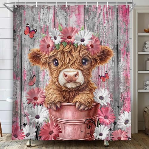 Funny Highland Cow Daisy Flower Shower Curtain, Rustic Wooden Barn Door Farm Animal Shower Curtain Set Farmhouse Western Bath Curtain Modern Cattle Bull Bathroom Accessories Home Decor 36X72in