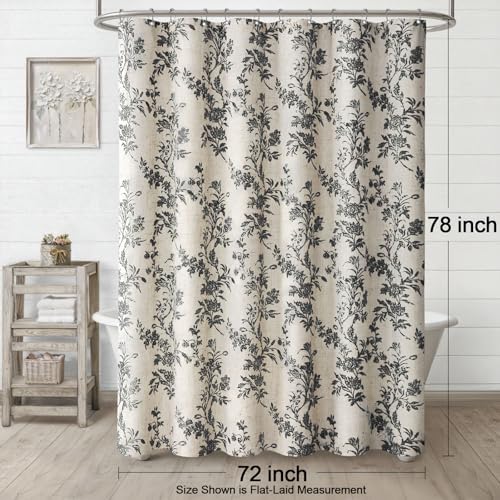 Black Floral Shower Curtain,Vintage Linen Beige Cottagecore Shower Curtains for Bathroom, 72" W x 78" L