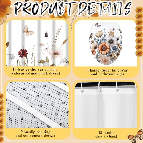 Honoson Fall Wildflower Shower Curtain Bathroom Set with Rug and Towls