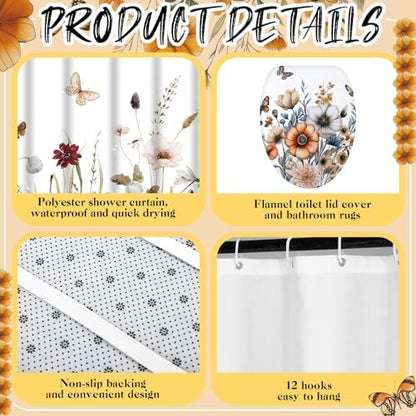 Honoson Fall Wildflower Shower Curtain Bathroom Set with Rug and Towls