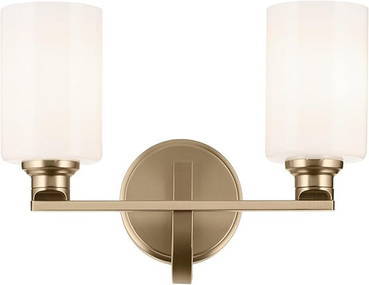Kichler Gioe 14.25" 2-Light Vanity Light with Opal Glass in Champagne Bronze, Damp Rated, for Bathroom, Powder Room, Over a Mirror, (14.25" W x 10.5" H), 55225CPZ