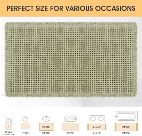 IM HOME Waffle Bath Mat Green 32"x20", Boho Woven Modern Bath Mat Rugs, Absorbent Non Slip Bathroom Rugs, Soft Washable Bath Rugs with Tassels for Bedroom, Kitchen, Shower, Tub