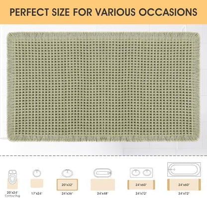 IM HOME Waffle Bath Mat Green 24"x17",Boho Woven Modern Bath Mat Rugs, Absorbent Non Slip Bathroom Rugs, Soft Washable Bath Rugs with Tassels for Bedroom, Kitchen, Shower, Tub
