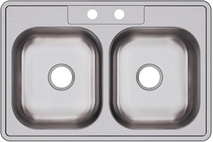 Dayton Stainless Steel 33" x 22" x 7-1/16", 2-Hole Equal Double Bowl Drop-in Sink