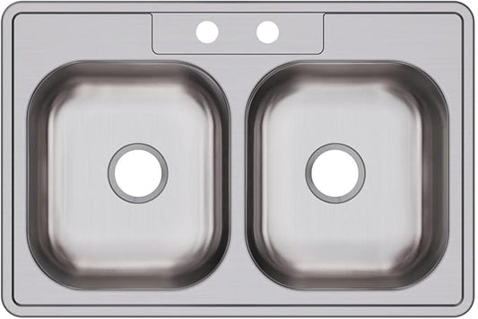 Dayton Stainless Steel 33" x 22" x 7-1/16", 2-Hole Equal Double Bowl Drop-in Sink