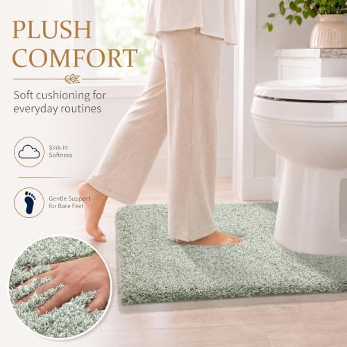 Yimobra Toilet Rugs U Shaped Washable 24X20, Ultra Soft and Water Absorbent Bath Mats, Non Slip Fluffy Shaggy Luxury Microfiber Contour Bath Rugs for Toilet, Dry Quick, Light Green and White