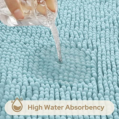 HOMEIDEAS Light Blue Chenille Bathroom Rugs Set of 3, Non Slip Bath Mat