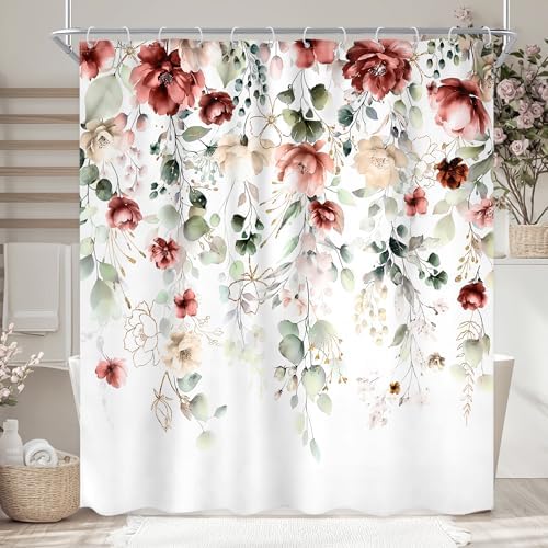 Spring Yellow Pink Floral Rustic Watercolor Bathroom Shower Curtain Set