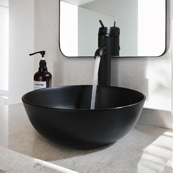 Black Resin Vessel Sink Set 13 inch Round | With Faucet and Pop-Up Drain, Top Mount Bathroom Basin, Compact Design, Space Saving for Small Bathrooms