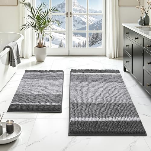 HOMEIDEAS Grey Bathroom Rugs Set of 2, Striped Chenille, 20"x32"+17"x24"