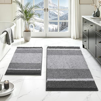 HOMEIDEAS Grey Bathroom Rugs Set of 2, Striped Chenille, 20"x32"+17"x24"