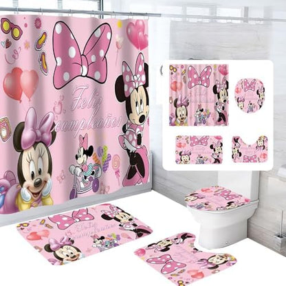 Cute Cartoon Shower Curtain Set 4 Piece with Non-Slip Rugs, Toilet Lid Cover and Bath Mat Cartoon Bathroom Decor 72 x 72inch (Minnie)