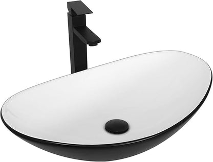Ceramic Bathroom Sink, Black and White Boat Shape Above Counter Porcelain Vessel Sink with Black Faucet and Pop up drain Set