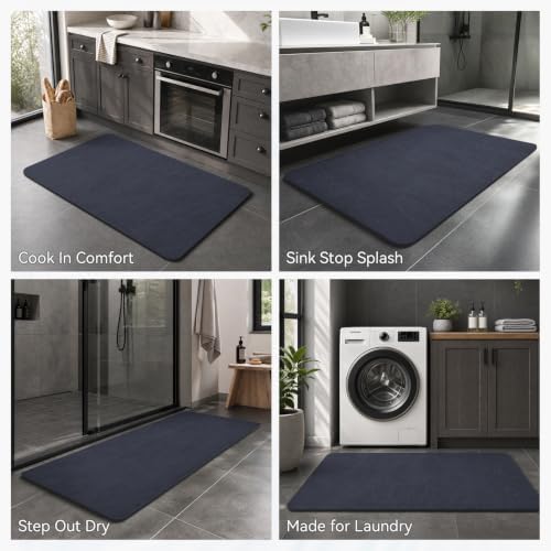 MontVoo -Bath Mat Rug-Rubber Backing Non Slip Quick Dry Absorbent Thin Bathroom Rugs Fit Under Door-Faux Suede Surface Bathroom Floor Mats-Shower Rug for in Front of Bathtub Shower Navy 17"x27.5"